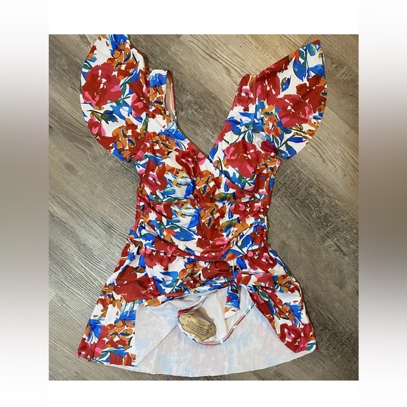 Woman's Floral Swim Dress Bathing Suit Flutter Sleeve  Pull On Tummy Control M - Picture 7 of 15